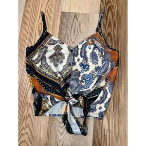 H&M Mixed Boho Paisley Patchwork Scarf Print VTG Tie Front Crop Cami Top Size 2